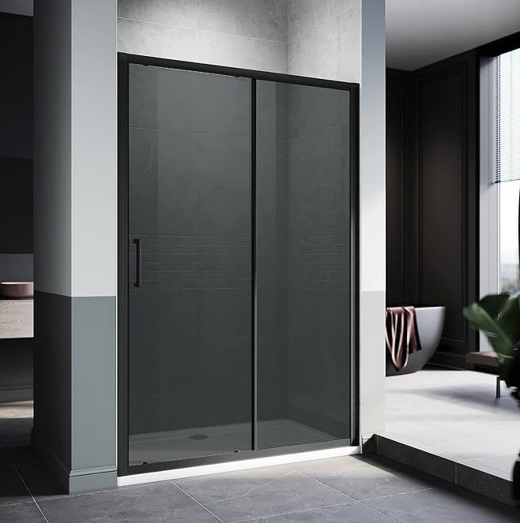 NILE Black Sliding Door 8mm Easy Clean Nano Glass Shower Screen 1100mm with 1100mm x 700mm Shower Tray