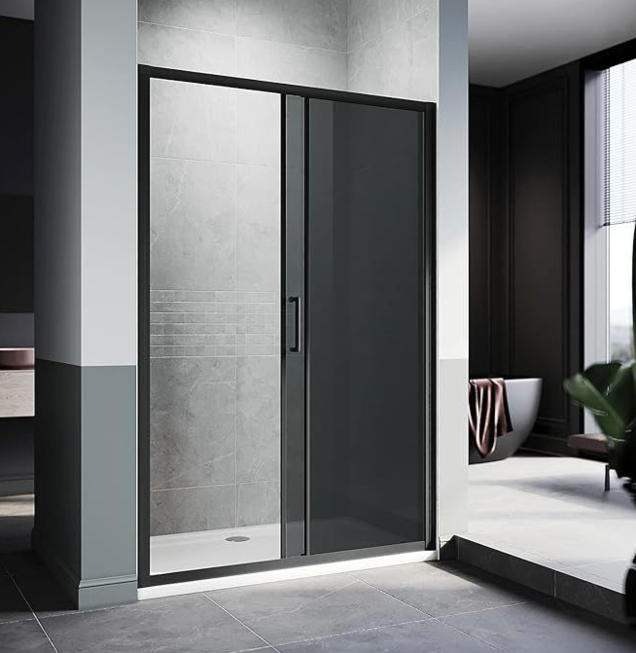 NILE Black Sliding Door 8mm Easy Clean Nano Glass Shower Screen 1100mm with 1100mm x 800mm Shower Tray