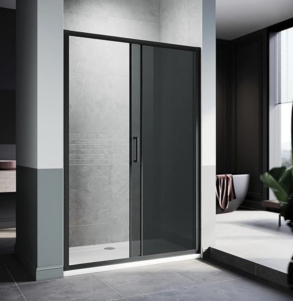 NILE Black Sliding Door 8mm Easy Clean Nano Glass Shower Screen 1100mm with 1100mm x 760mm Shower Tray