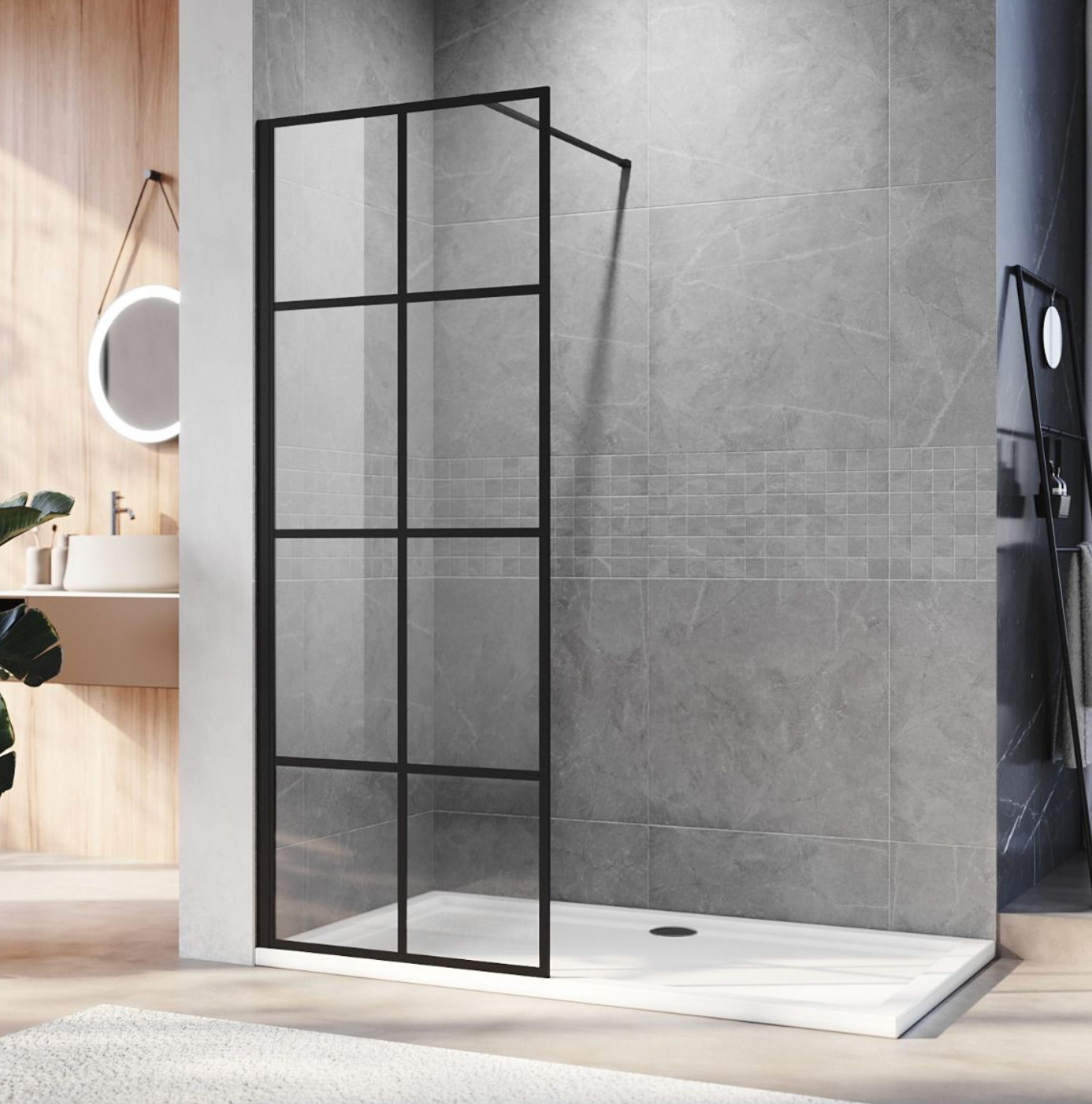 NILE Black Walk in Wet Room Shower Screen Panel 700mm x 1850mm with 1400mm x 700mm Shower Tray