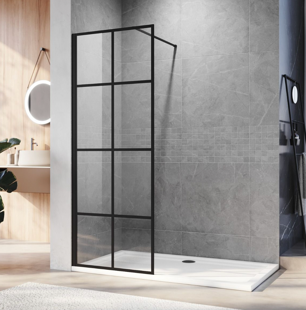 NILE Black Walk in Wet Room Shower Screen Panel 700mm x 1850mm with 1000 x 700mm Shower Tray