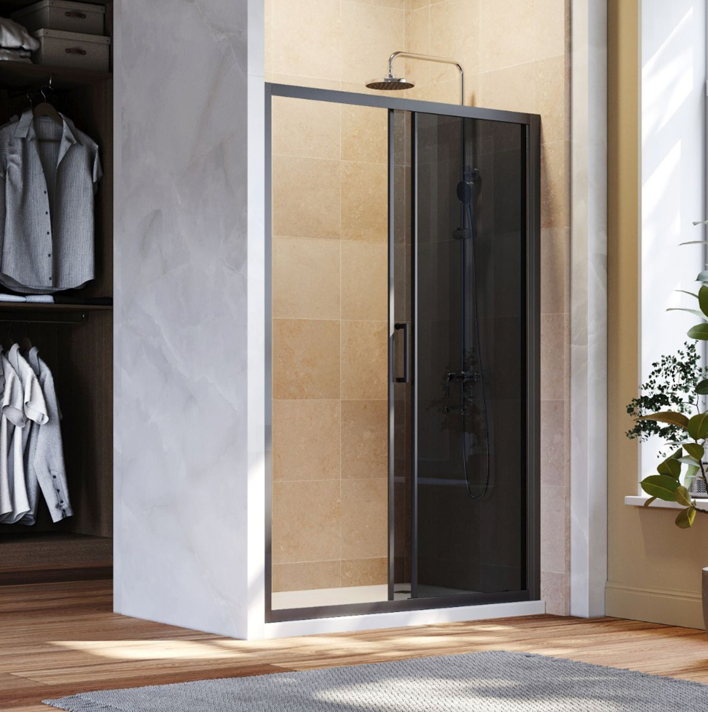 NILE Black Sliding 8mm Easy Clean Nano Glass Screen 1000mm with 1000mm x 900mm Shower Tray