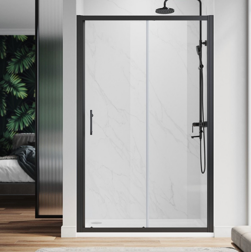 NILE Black Sliding Shower Door 6mm Tempered Glass 1100mm with 1100mm x 760mm Shower Tray