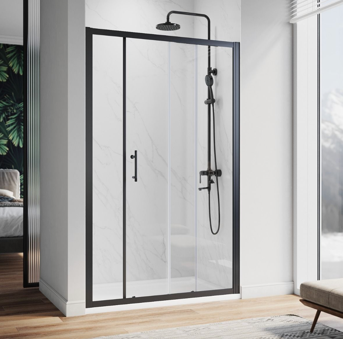 NILE Black Sliding Shower Door 6mm Tempered Glass 1100mm