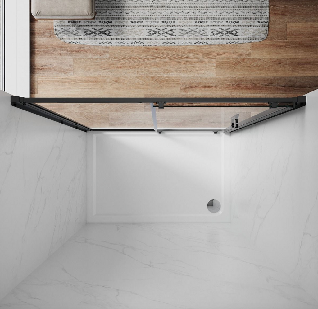 NILE Black Sliding Shower Door 6mm Tempered Glass 1100mm with 1100mm x 800mm Shower Tray