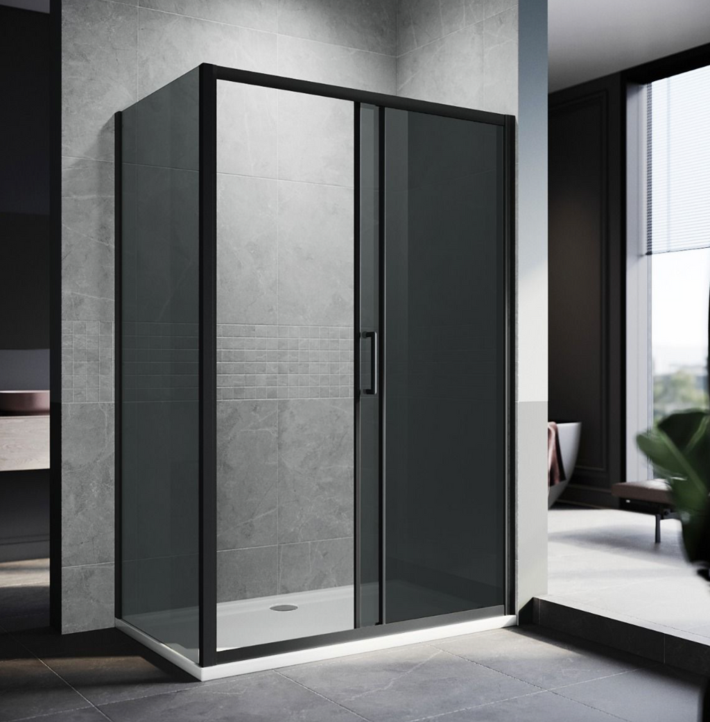 NILE Black Sliding Shower with Side Panel 8mm Easy Clean Nano Glass 1200mm x 900mm