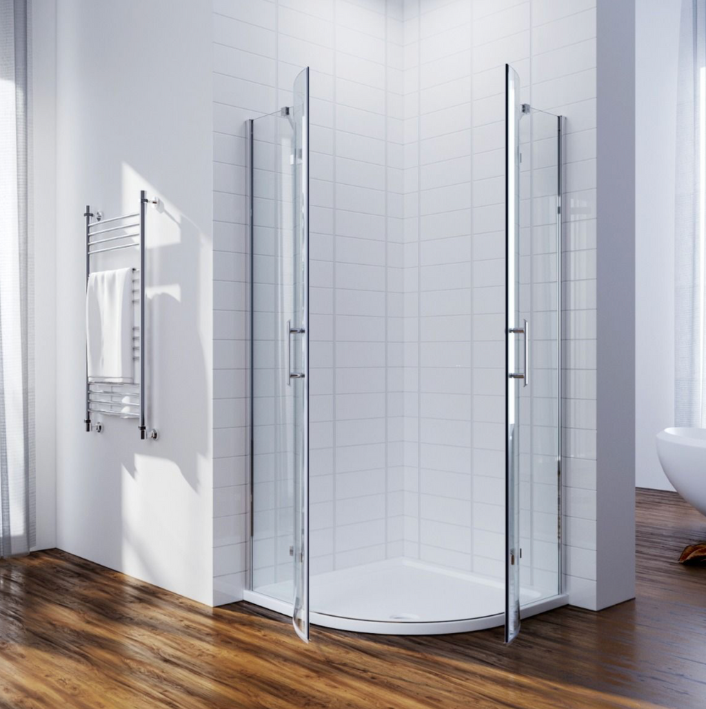 NILE Chrome Frameless Quadrant Enclosure 6mm Hinged Shower Enclosure 900mm x 900mm with Shower Tray