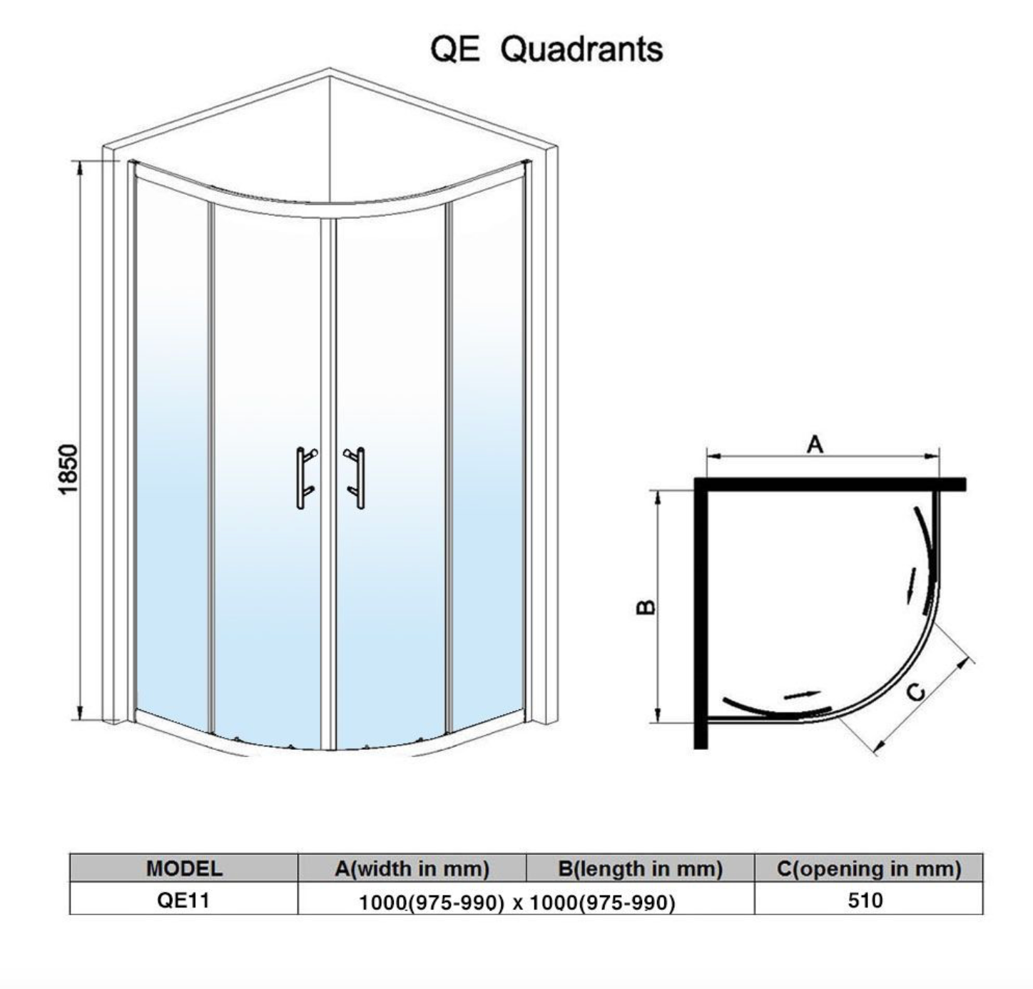 NILE Chrome Quadrant Shower Enclosure 6mm Tempered Glass Cubicle 1000mm x 1000mm