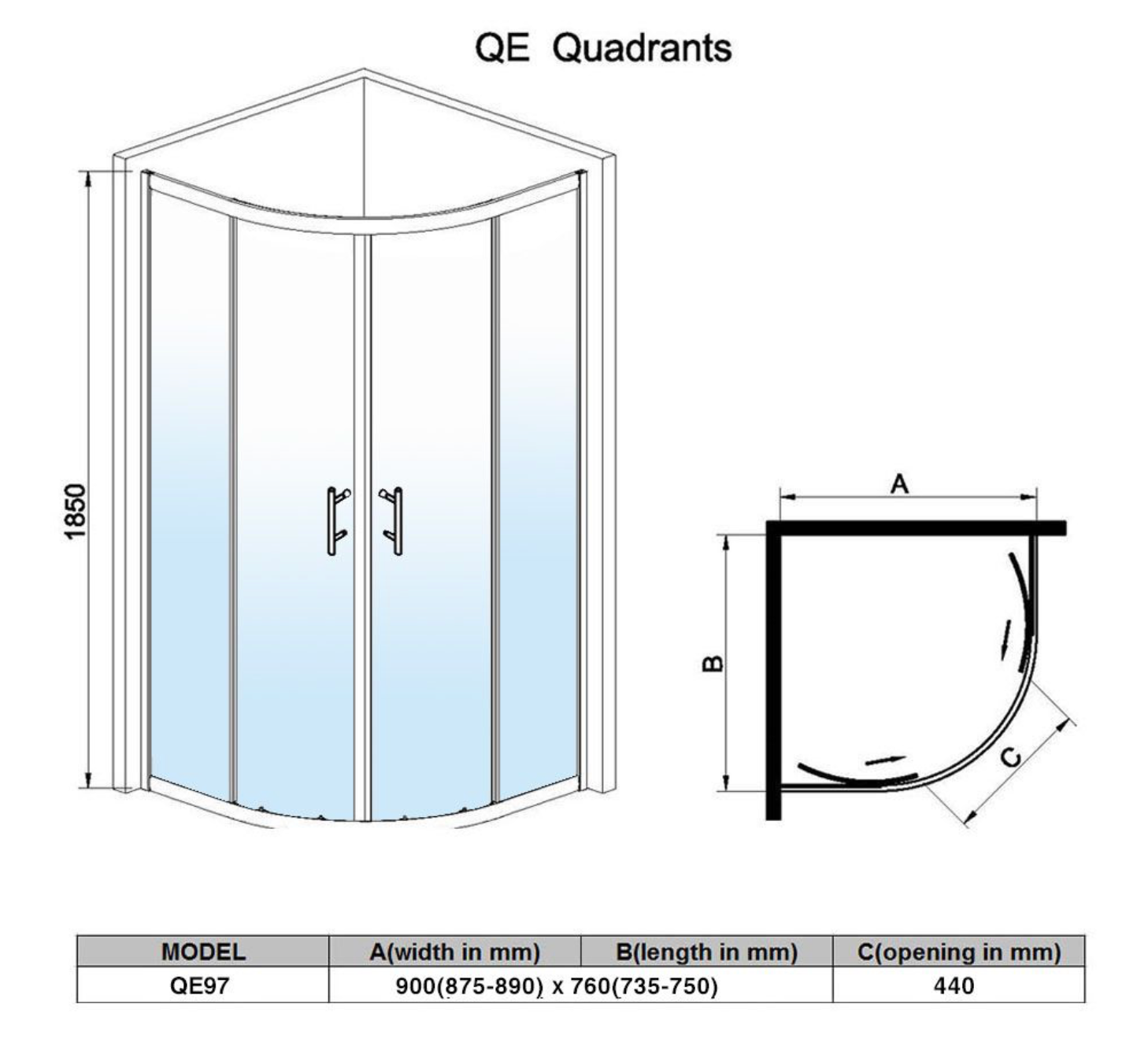 NILE Chrome Reversible Offset Quadrant Shower Enclosure 6mm Tempered Glass Cubicle 900mm x 760mm