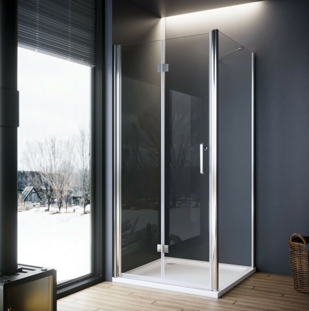 NILE Frameless Bifold Shower Enclosure 6mm Tempered Glass Shower Cubicle 1000mm x 800mm with Shower Tray