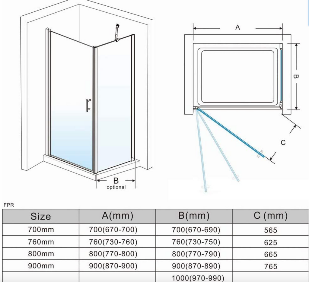 NILE Frameless Pivot Shower Door Enclosure 6mm Safety Glass Reversible Shower Cubicle Door With Side Panel 900mm x 760mm with Shower Tray