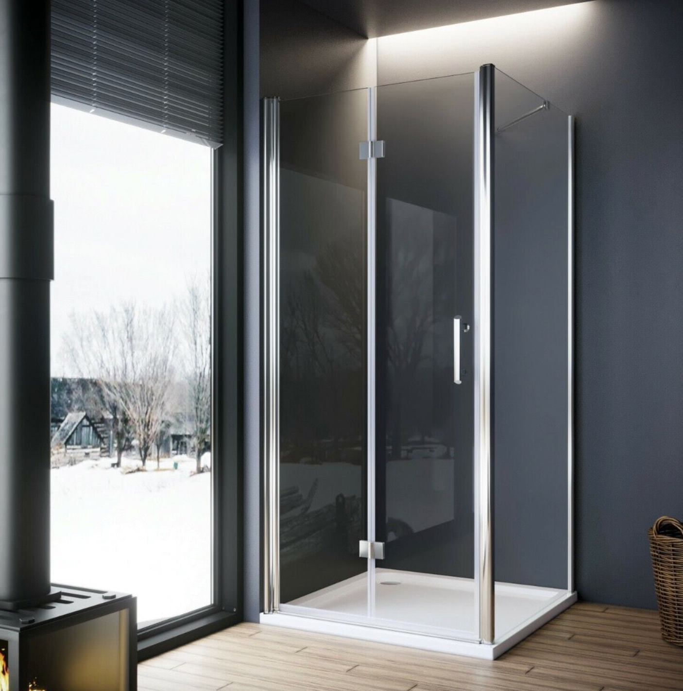 NILE Frameless Bifold Hinged Shower Enclosure 6mm Tempered Glass Shower Cubicle 900mm x 760mm with Shower Tray