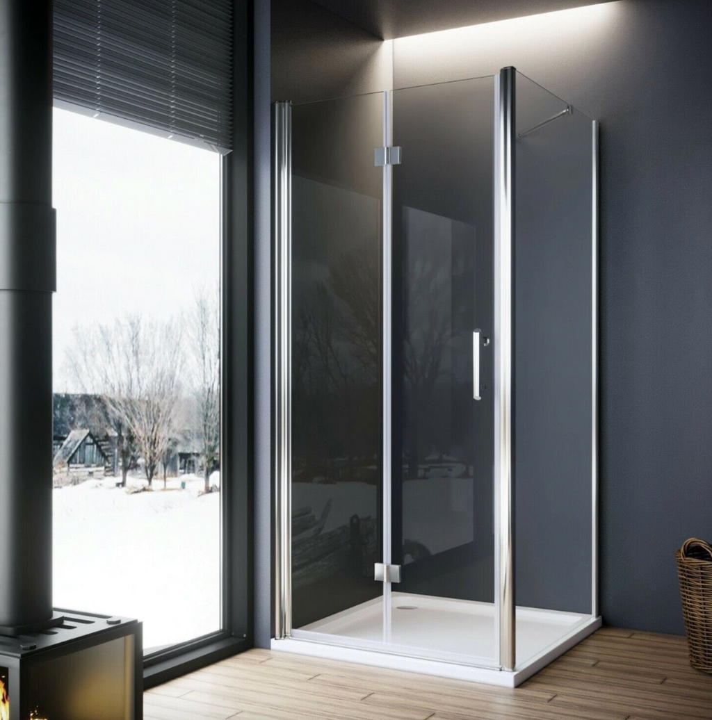NILE Frameless Bifold Hinged Shower Enclosure 6mm Tempered Glass Shower Cubicle 900mm x 760mm