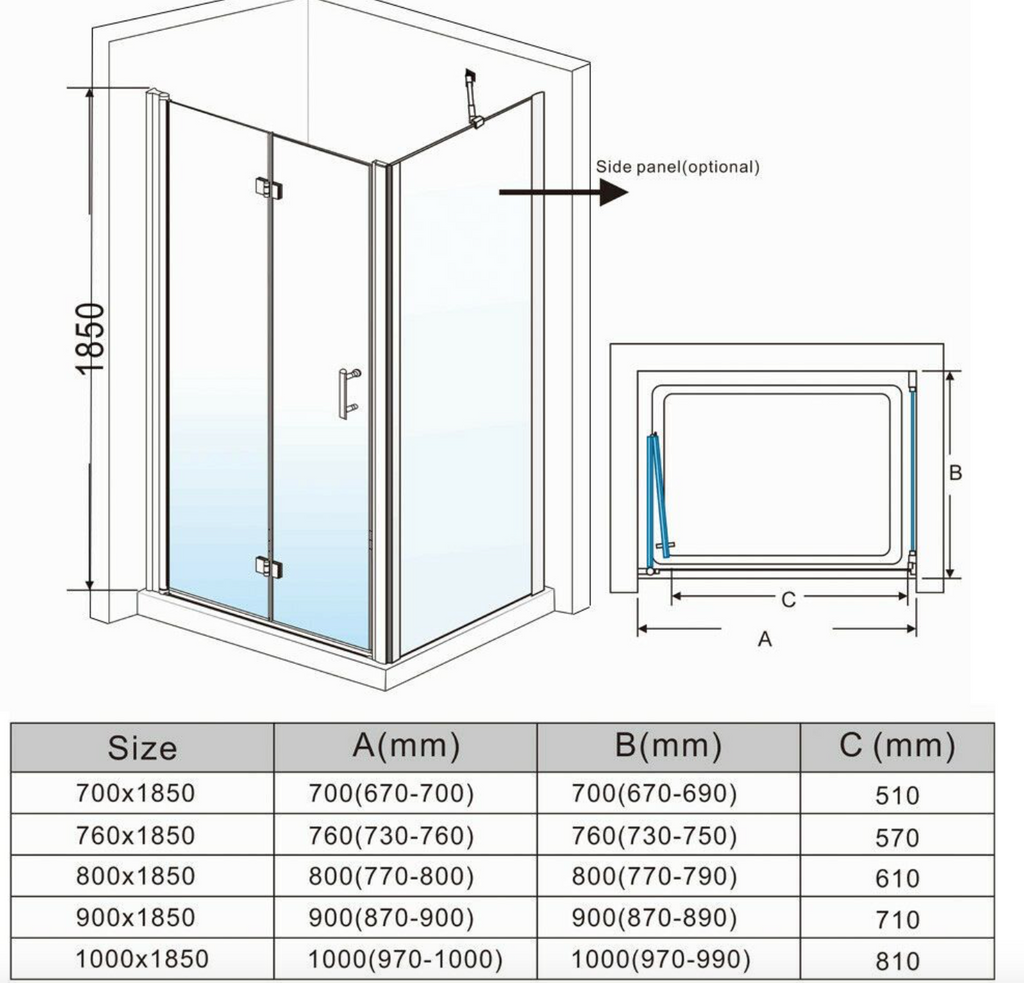 NILE Frameless Bifold Hinged Shower Enclosure 6mm Tempered Glass Shower Cubicle 900mm x 760mm