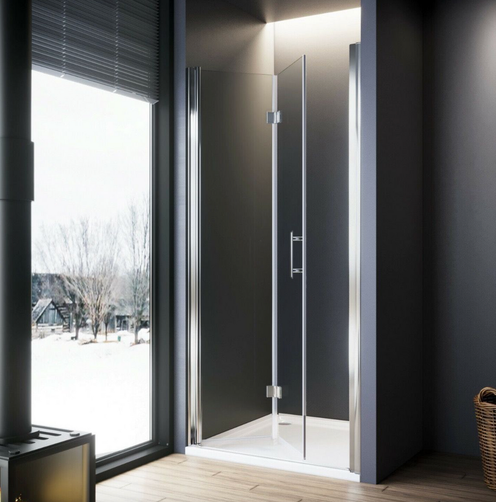 NILE Frameless Bifold Hinged Shower Enclosure 6mm Tempered Glass Shower Cubicle 900mm x 760mm