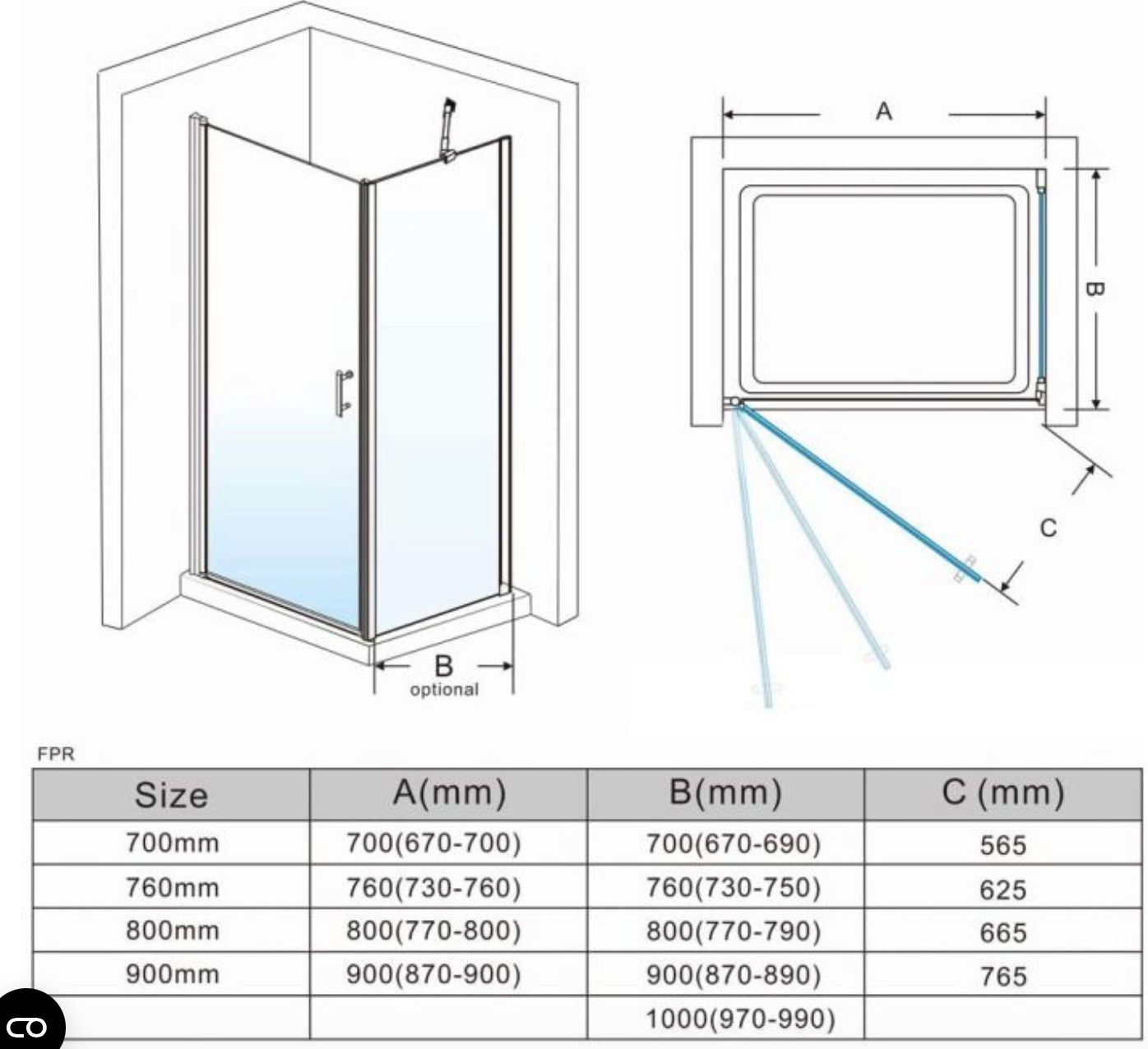 NILE Frameless Pivot Shower Door Enclosure 6mm Safety Glass With Side Panel 760mm x 760mm