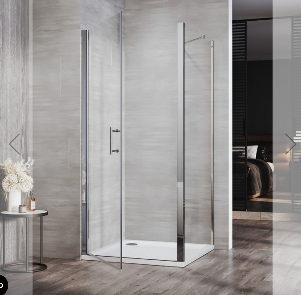 NILE Frameless Pivot Shower Door Enclosure 6mm Safety Glass With Side Panel 900mm x 760mm with Shower Tray