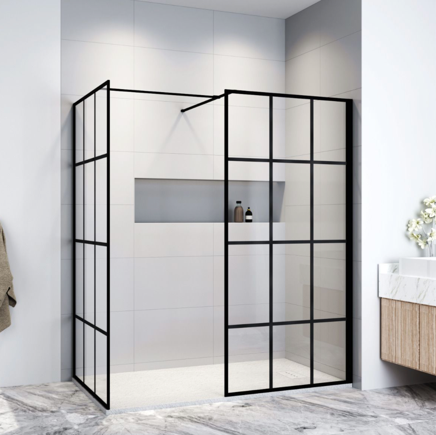 NILE Matt Black Walk in Wet Room Shower Enclosure Shower Screen Panel 1700mm x 800mm x 1850mm