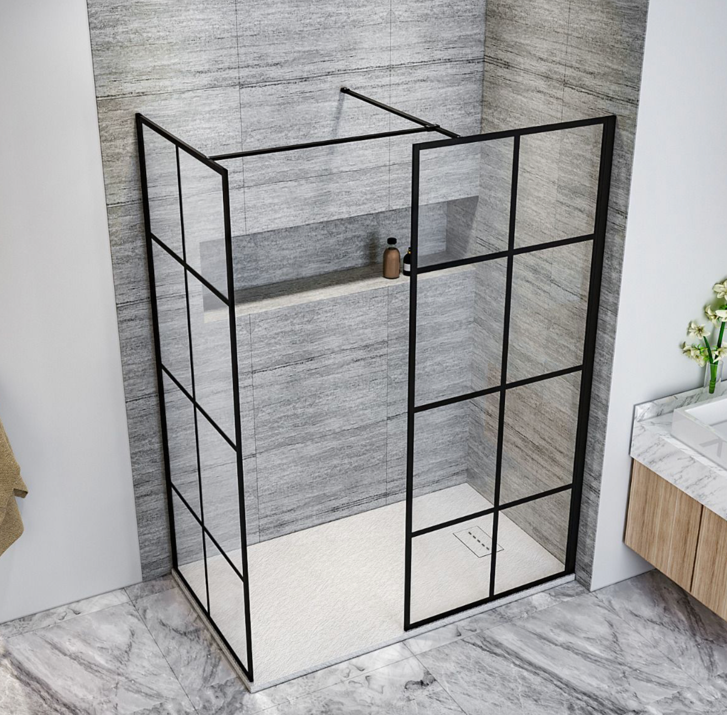 NILE Matt Black Walk in Wet Room Shower Enclosure Shower Screen Panel 1200mm x 800mm x 1850mm