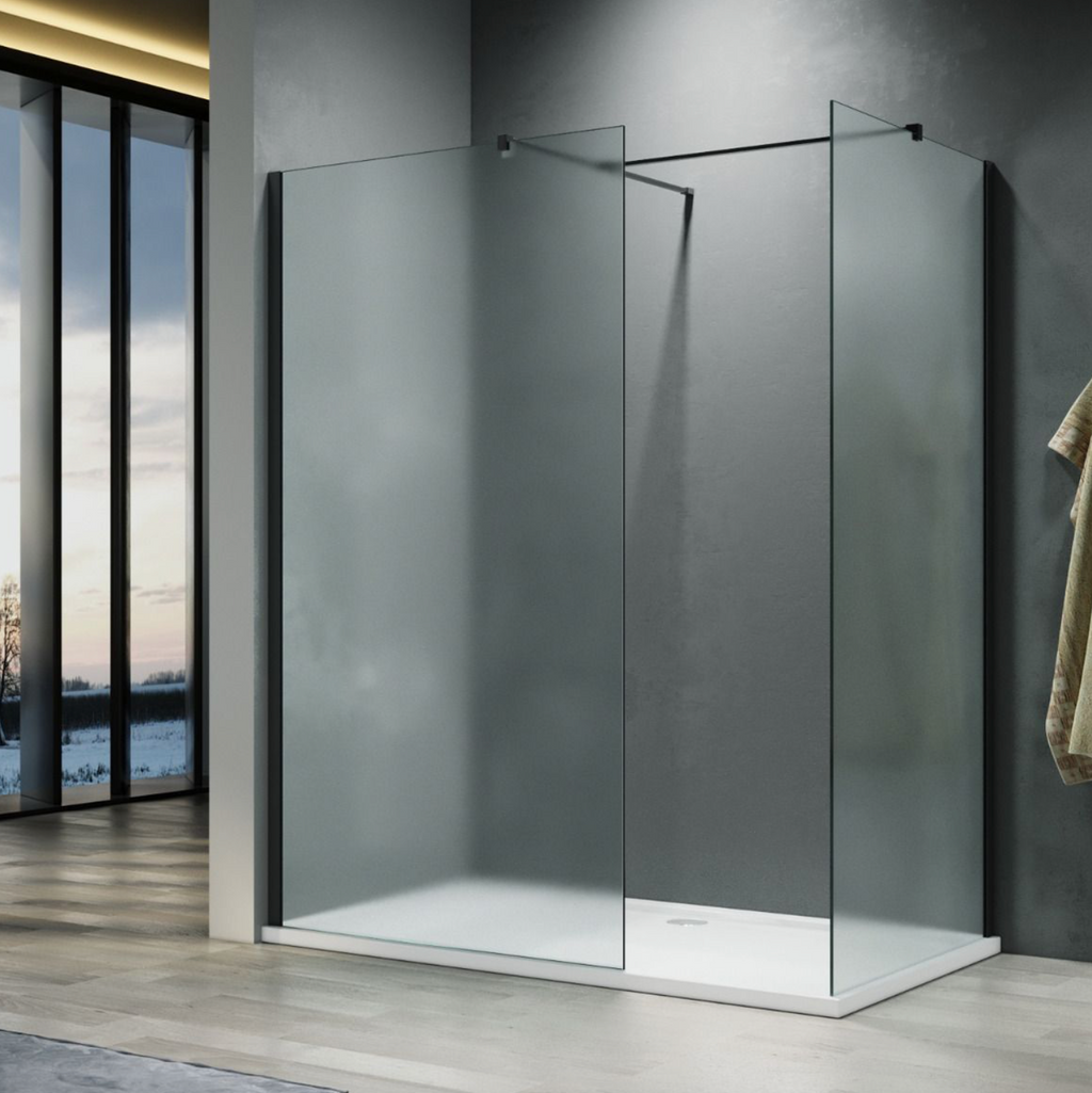 NILE Frosted Black Easy Clean Walk-In Shower Enclosure Inc Shower Panels + Stone Resin Tray + Waste 1400mm x 900mm