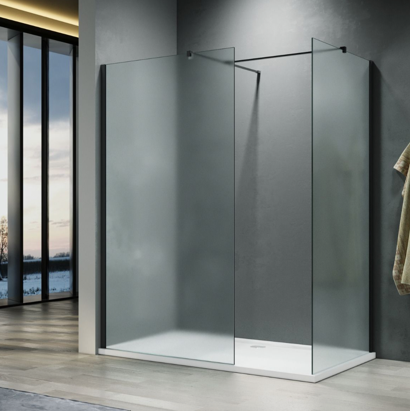 NILE Frosted Black Easy Clean Walk-In Shower Enclosure Inc Shower Panels + Stone Resin Tray + Waste 1400mm x 900mm