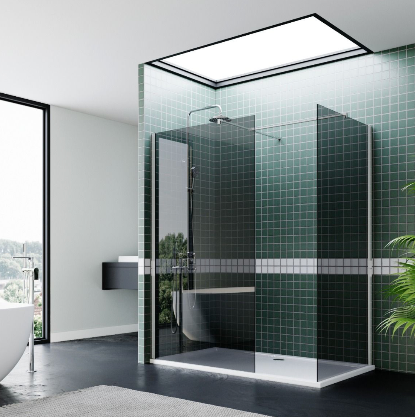 NILE Smoked Glass Walk-In Shower Enclosure 8mm Easy Clean Inc. Shower Panels, Stone Resin Tray + Waste 1700mm x 760mm