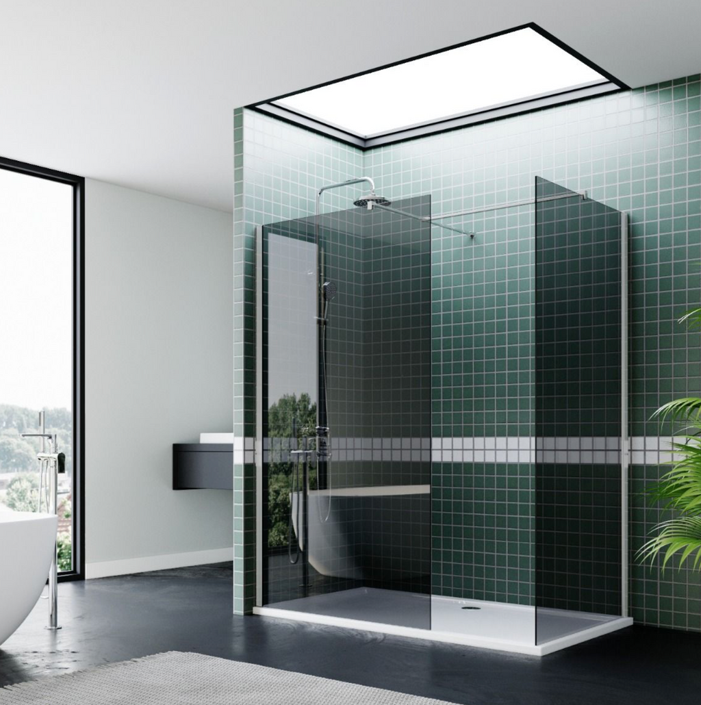 NILE Smoked Glass Walk-In Shower Enclosure 8mm Easy Clean Inc. Shower Panels, Stone Resin Tray + Waste 1700mm x 700mm