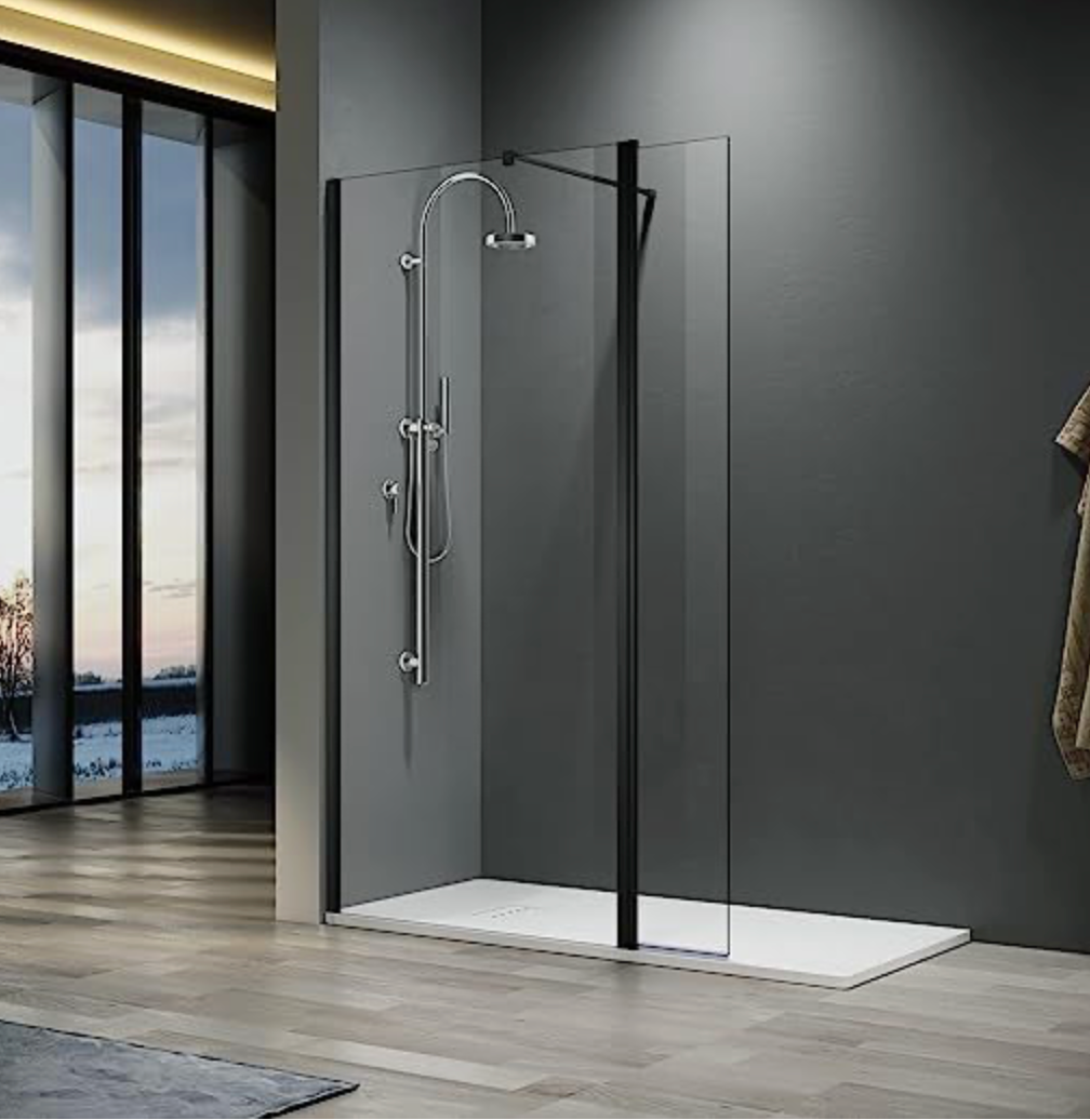 NILE Black Fitting 1200mm Easy Clean Clear Glass Walk-In Shower Screen With Return Panel Wet Room Shower