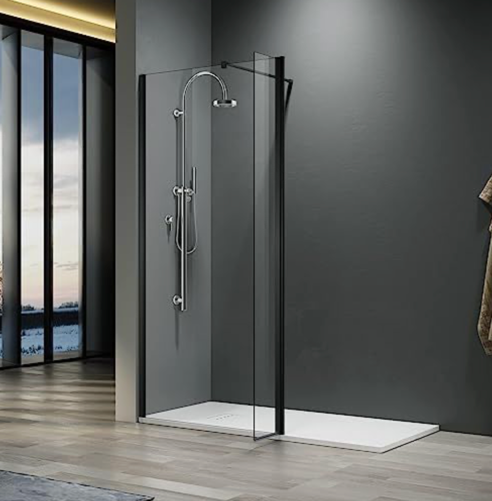 NILE Black Fitting 1200mm Easy Clean Clear Glass Walk-In Shower Screen With Return Panel Wet Room Shower