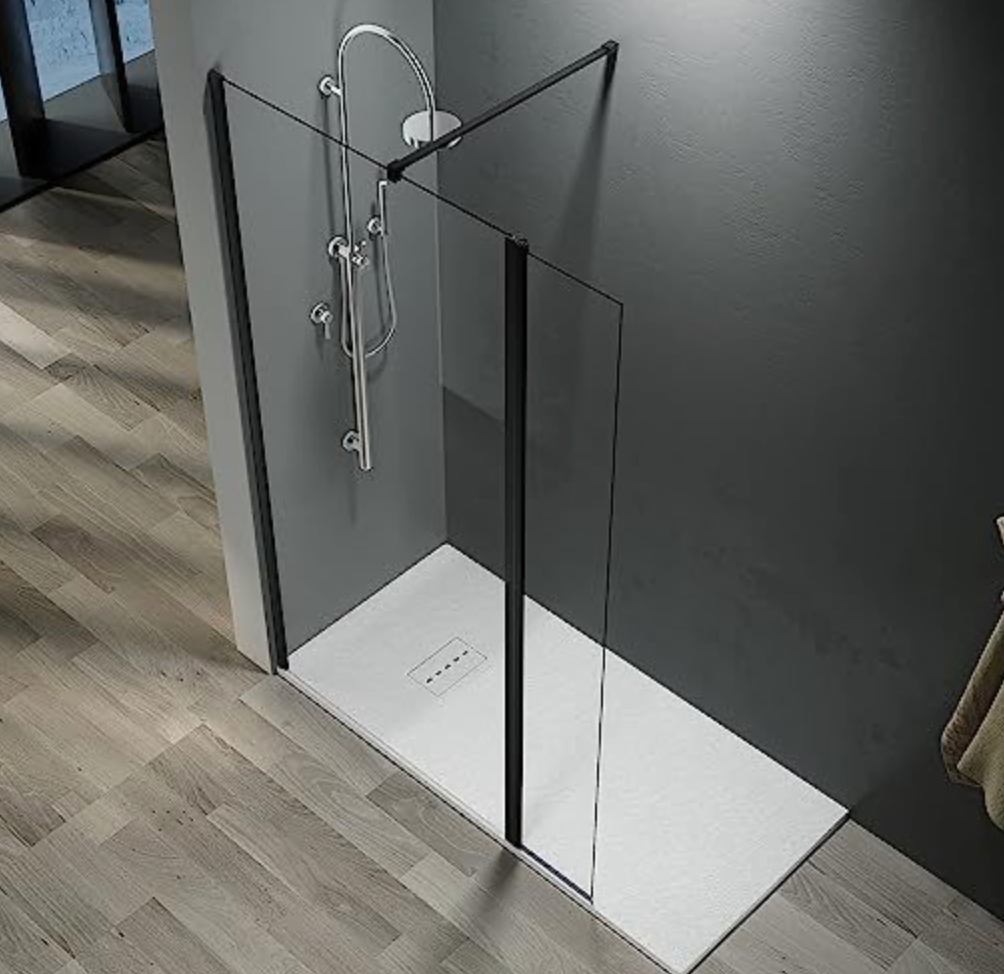 NILE Black Fitting 1100mm Easy Clean Clear Glass Walk-In Shower Screen With Return Panel Wet Room Shower