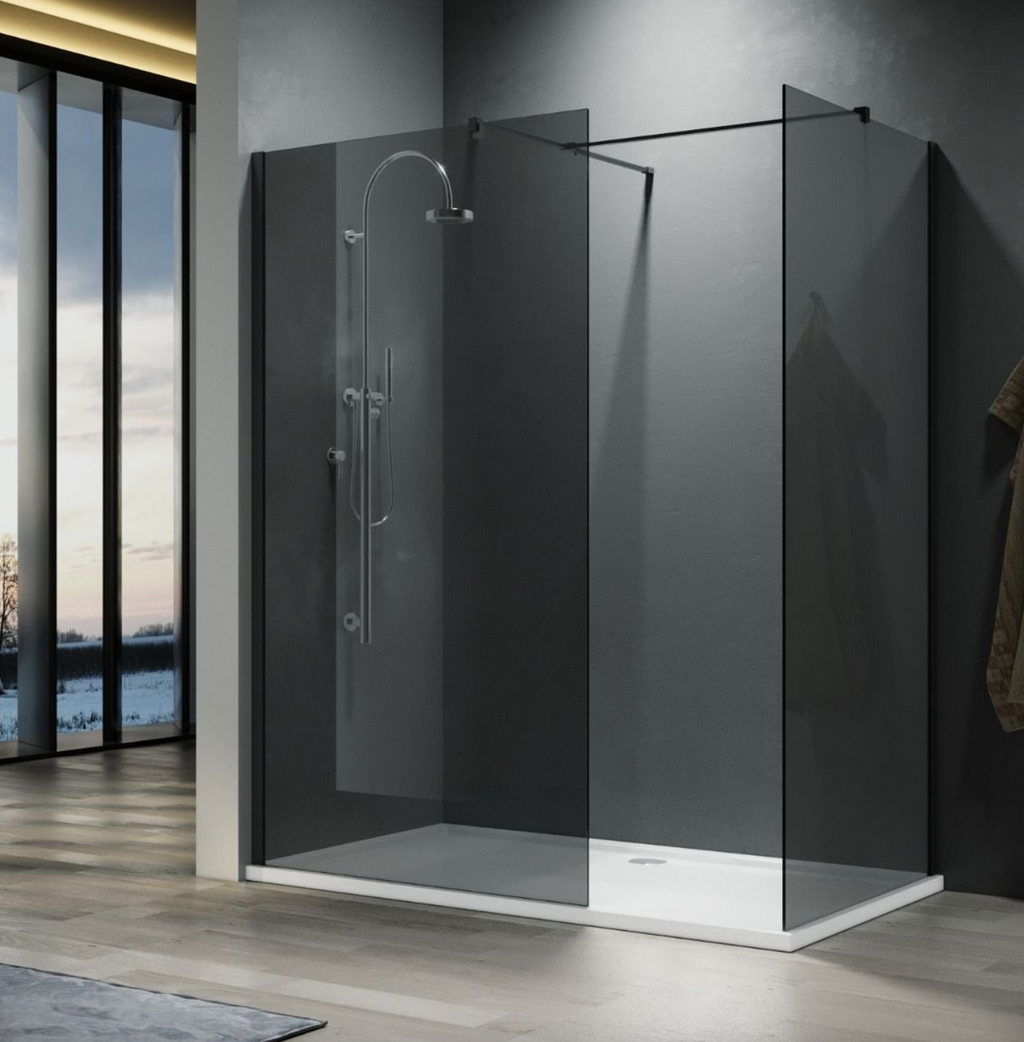 NILE Smoked Glass Walk-In Shower Enclosure 8mm Easy Clean Black Fittings Inc. Shower Panels, Stone Resin Tray + Waste 1500mm x 800mm