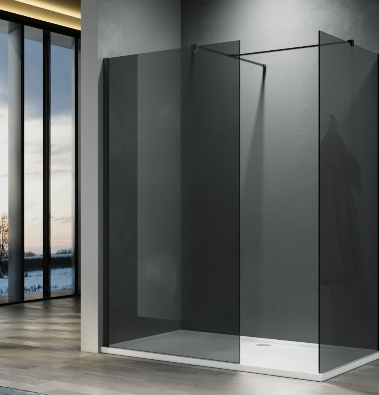 NILE Smoked Glass Walk-In Shower Enclosure 8mm Easy Clean Black Fittings Inc. Shower Panels, Stone Resin Tray + Waste 1600mm x 800mm