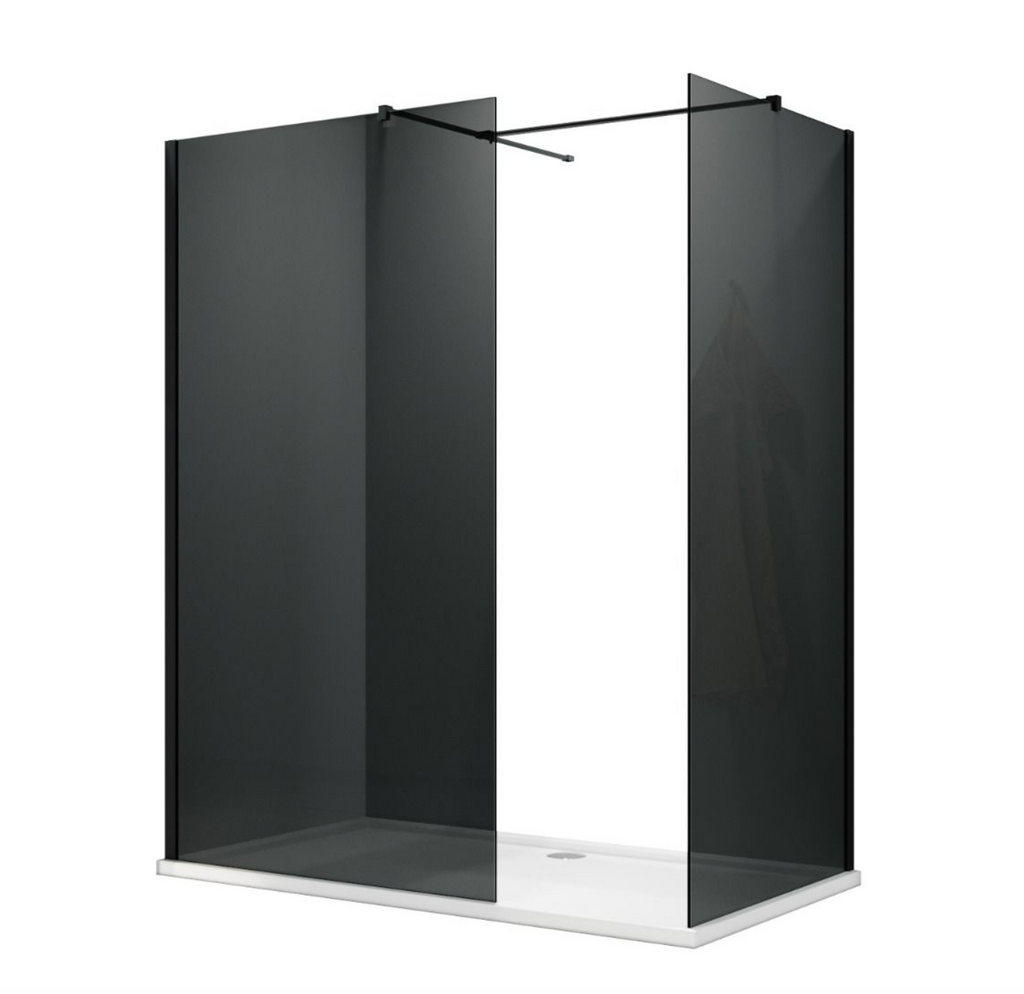NILE Smoked Glass Walk-In Shower Enclosure 8mm Easy Clean Black Fittings Inc. Shower Panels, Stone Resin Tray + Waste 1700mm x 800mm