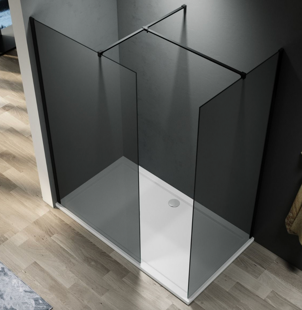 NILE Smoked Glass Walk-In Shower Enclosure 8mm Easy Clean Black Fittings Inc. Shower Panels, Stone Resin Tray + Waste 1200mm x 800mm