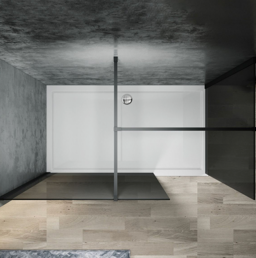 NILE Smoked Glass Walk-In Shower Enclosure 8mm Easy Clean Black Fittings Inc. Shower Panels, Stone Resin Tray + Waste 1700mm x 700mm