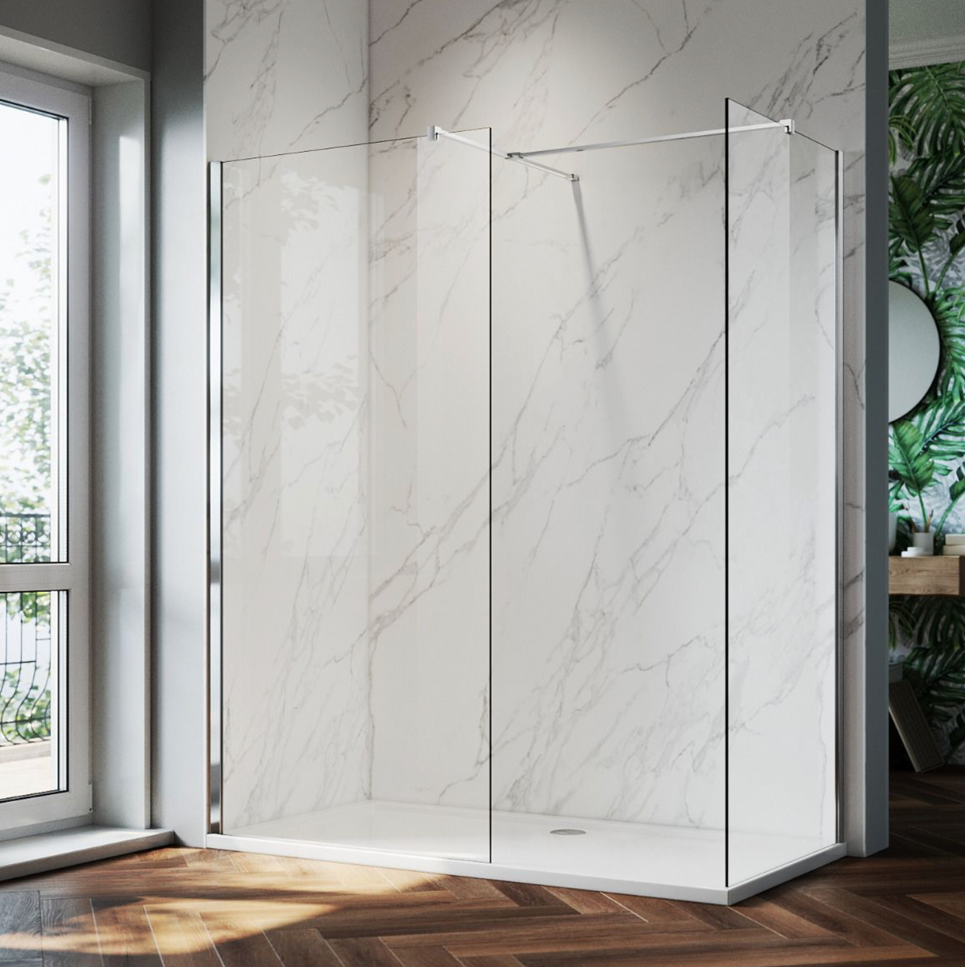 NILE Walk-In Shower Enclosure 8mm Easy Clean Inc. Shower Panels, Stone Resin Tray + Waste 1700mm x 800mm