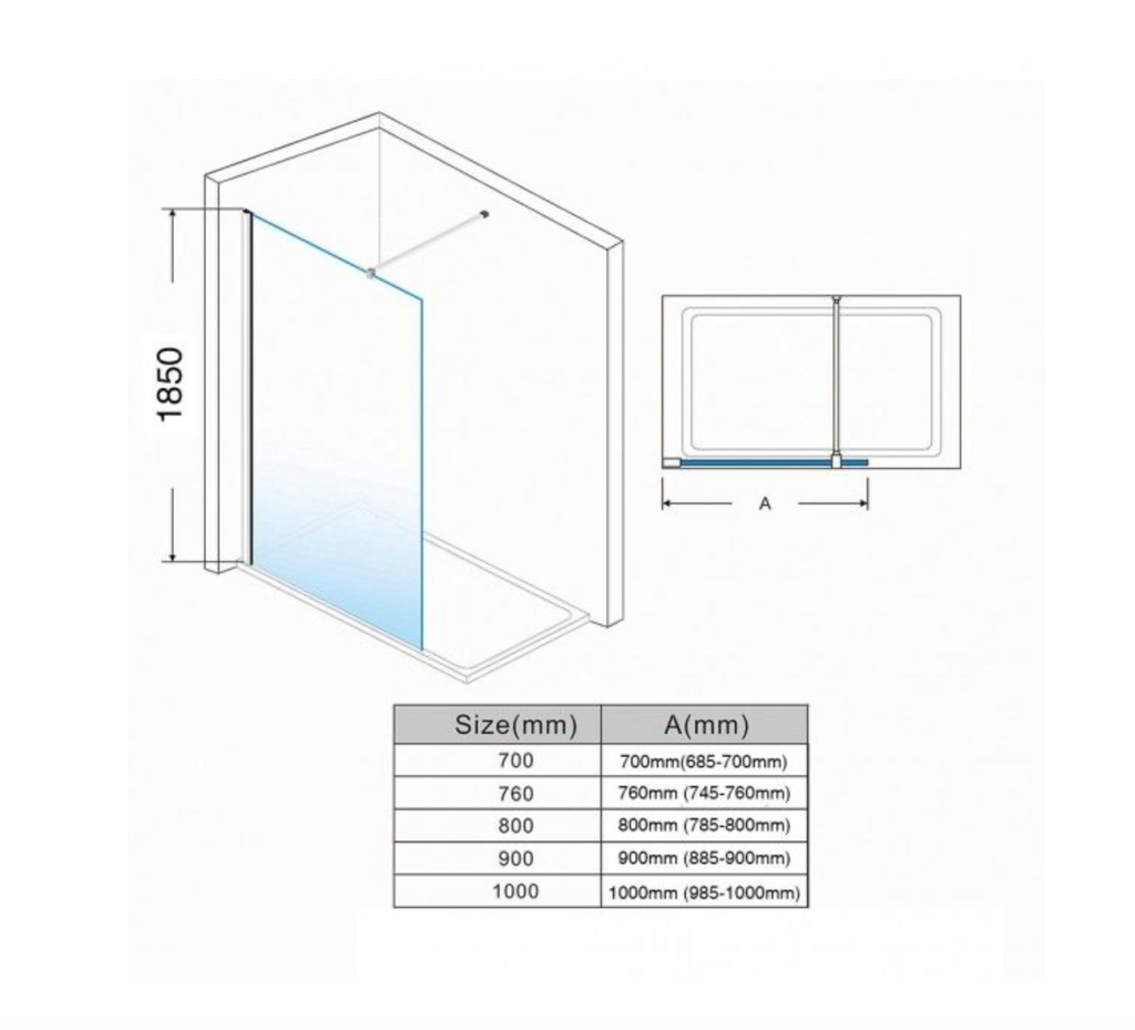 NILE 900mm Walk-In Shower Panel 6mm Tempered Glass Shower Screen