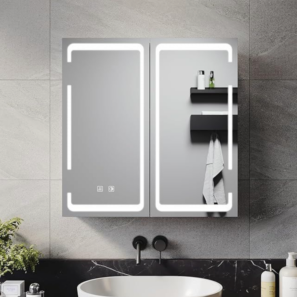 NILE 590 x 600mm LED Bathroom Mirror Cabinet with Shaver Socket 2 Doors
