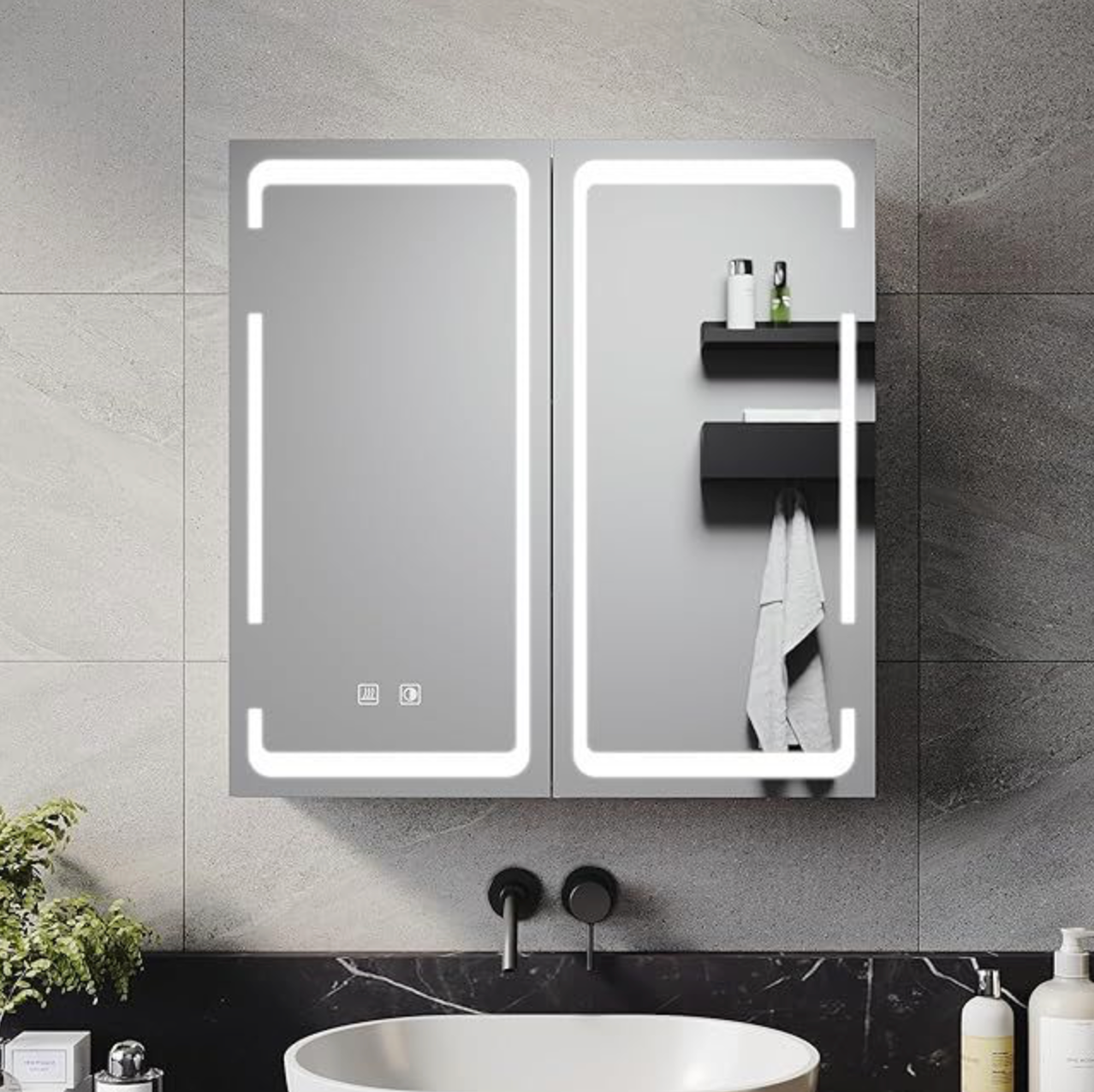NILE 590 x 600mm LED Bathroom Mirror Cabinet with Shaver Socket 2 Doors