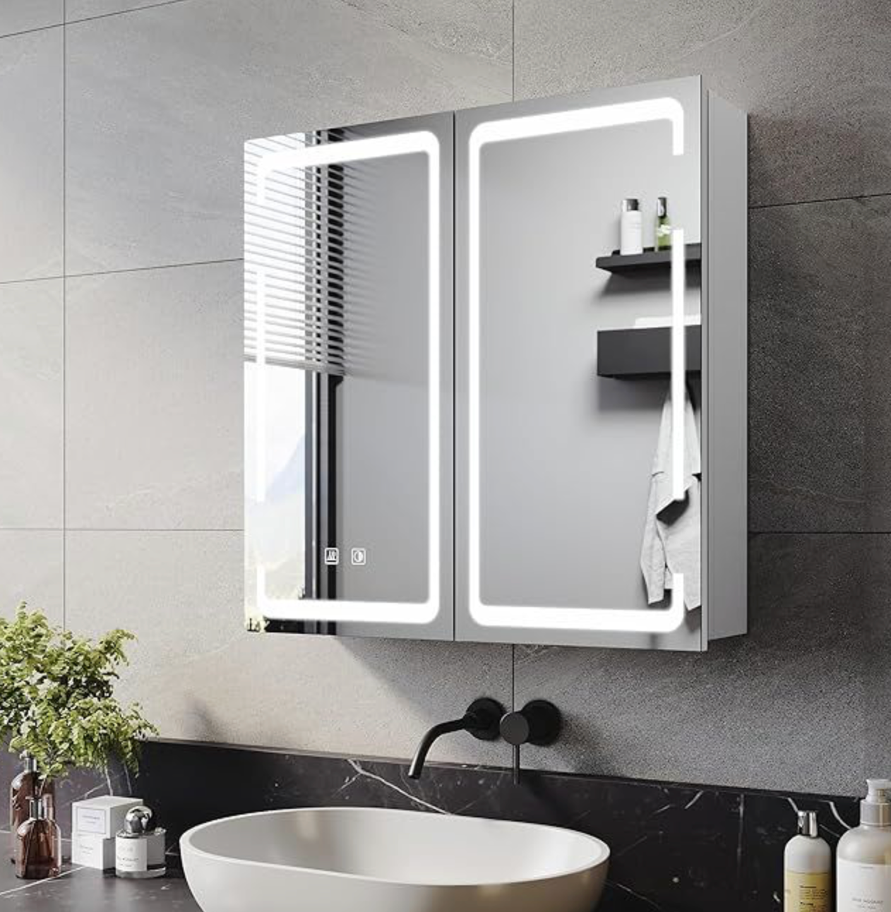 NILE 590 x 600mm LED Bathroom Mirror Cabinet with Shaver Socket 2 Doors