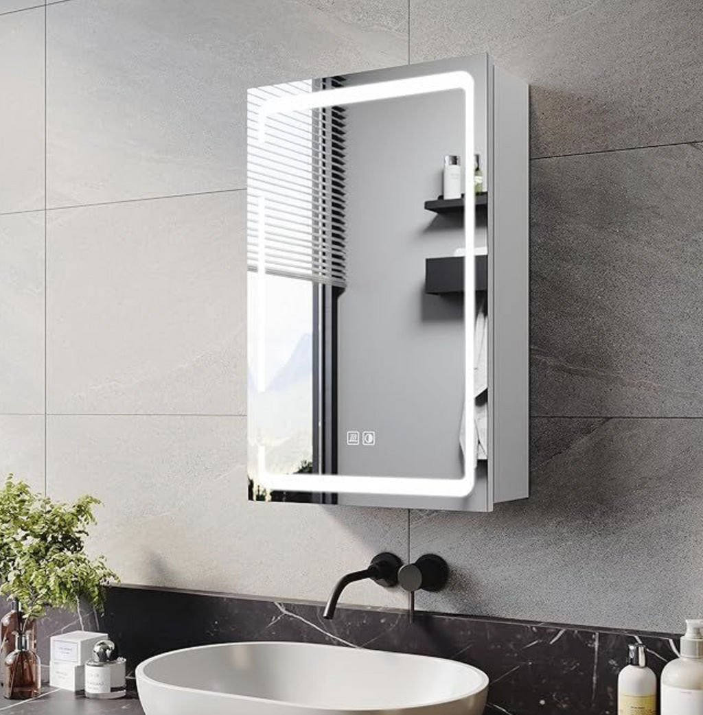 NILE Illuminated LED Bathroom Mirror Cabinet Single Door 380mm x 600mm with Shaver Socket