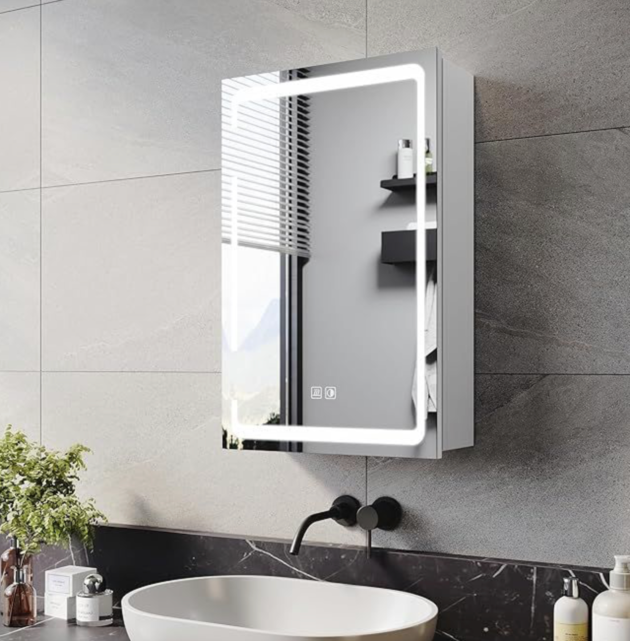 NILE Illuminated LED Bathroom Mirror Cabinet Single Door 380mm x 600mm with Shaver Socket