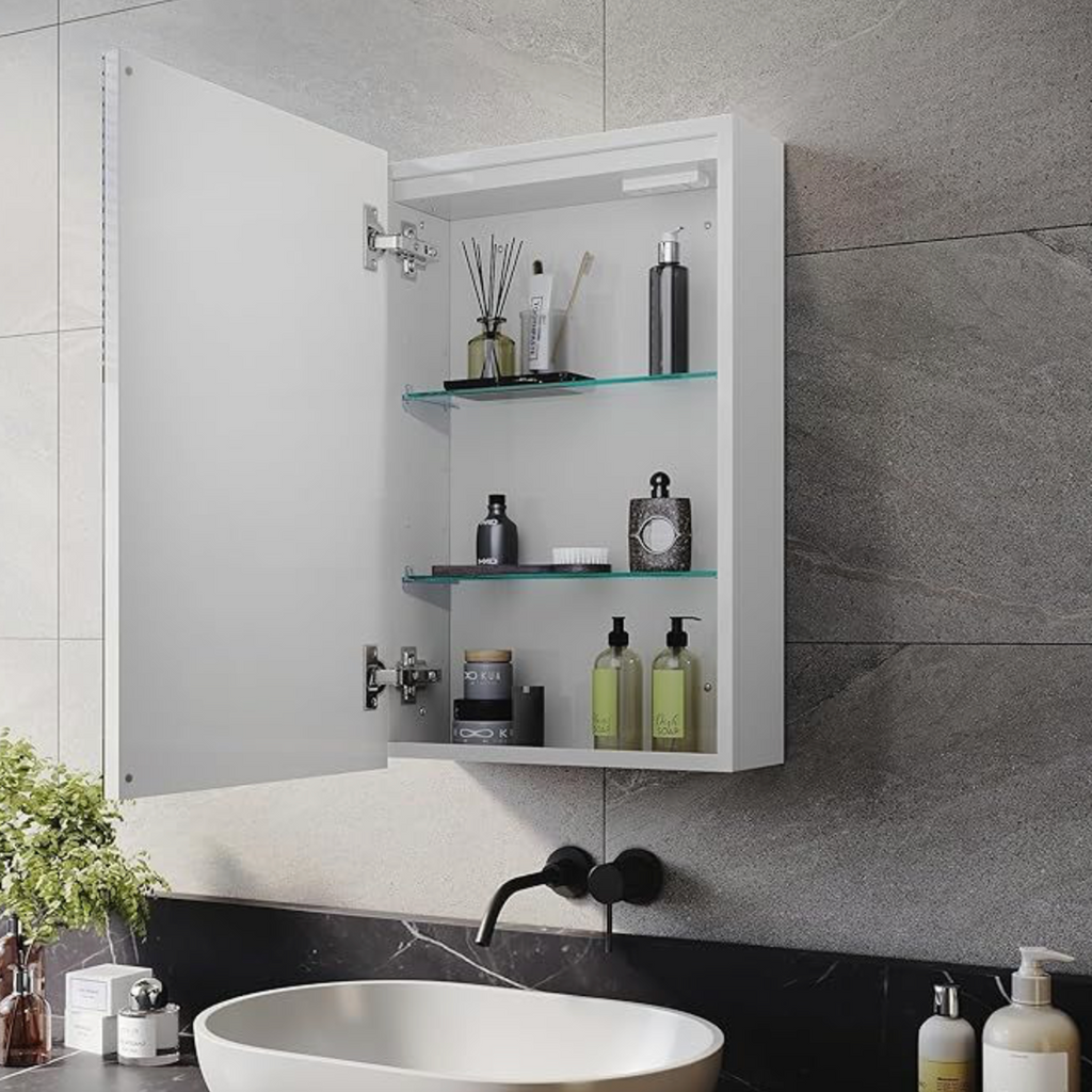 NILE Illuminated LED Bathroom Mirror Cabinet Single Door 380mm x 600mm with Shaver Socket