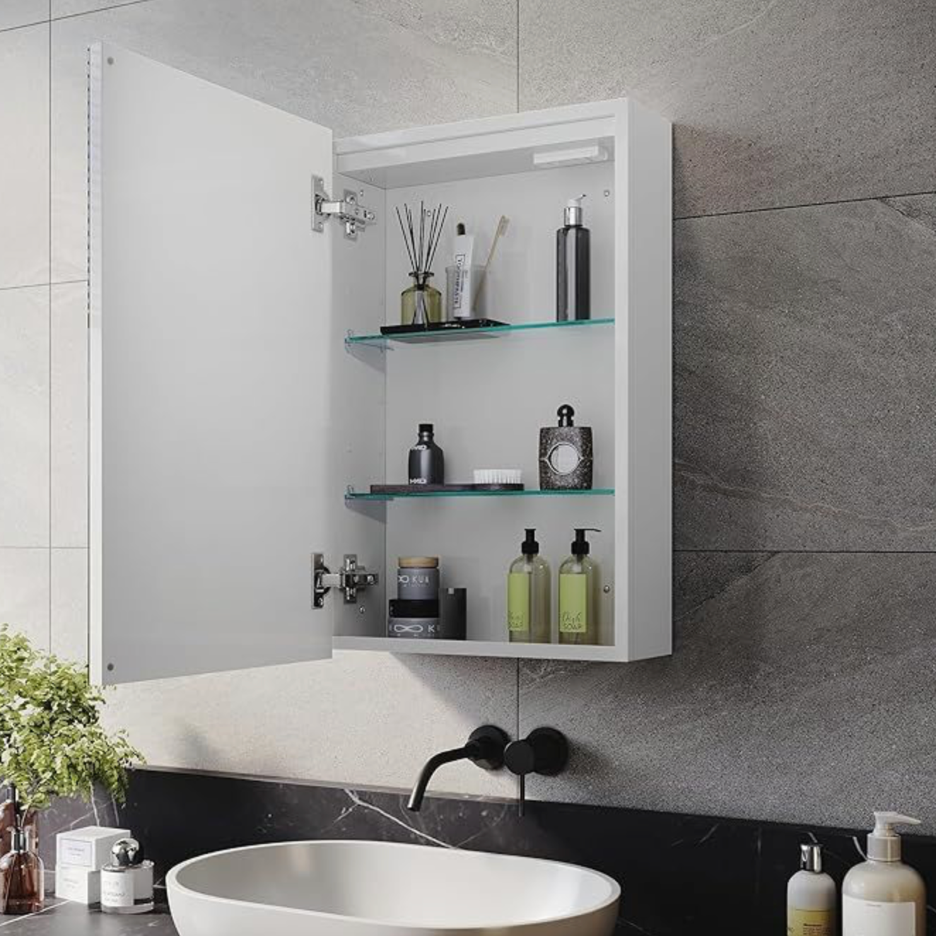 NILE Illuminated LED Bathroom Mirror Cabinet Single Door 380mm x 600mm with Shaver Socket