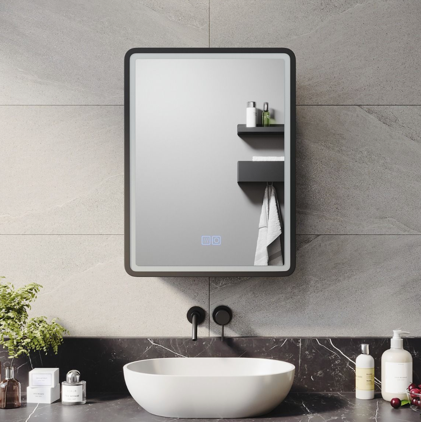 NILE Black 450x600mm LED Bathroom Mirror Cabinet with Shaver Socket and Demister