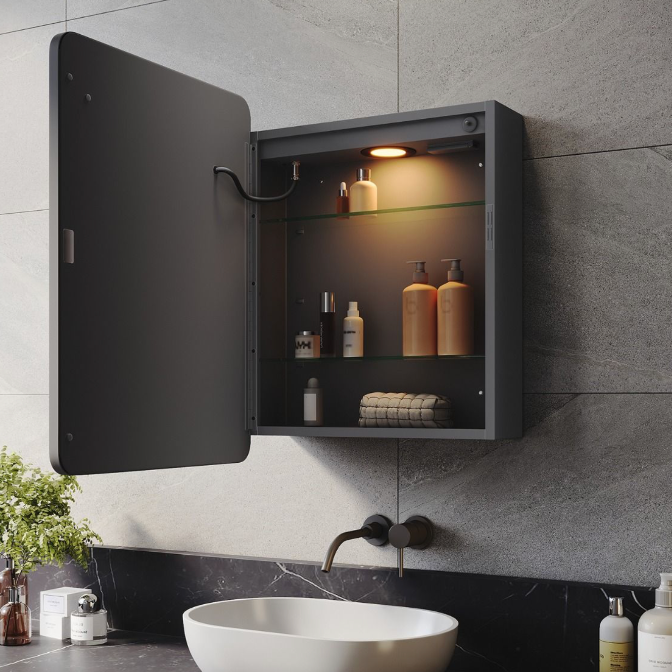 NILE Black 450x600mm LED Bathroom Mirror Cabinet with Shaver Socket and Demister
