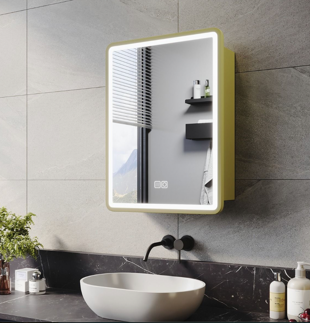 NILE Gold LED Bathroom Mirror Cabinet with Shaver Socket and Demister