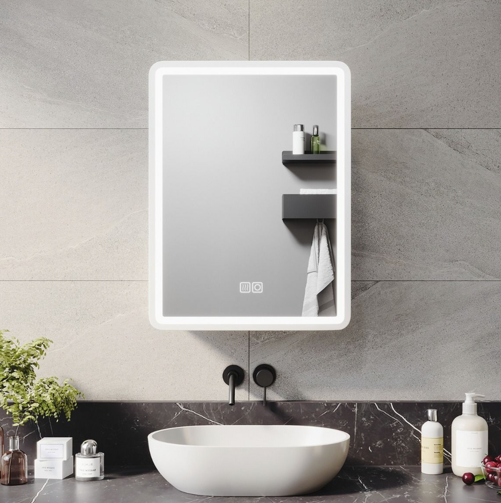 NILE White LED Bathroom Mirror Cabinet with Shaver Socket and Demister