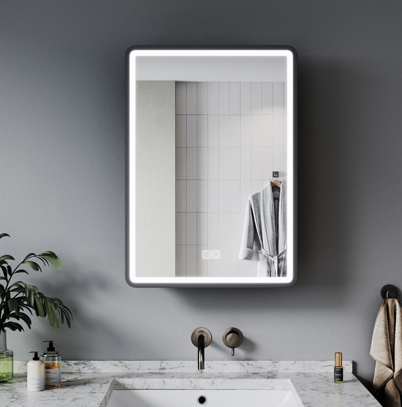 NILE Black 500mm x 700mm Illuminated Bathroom Mirror Cabinet with Shaver Socket
