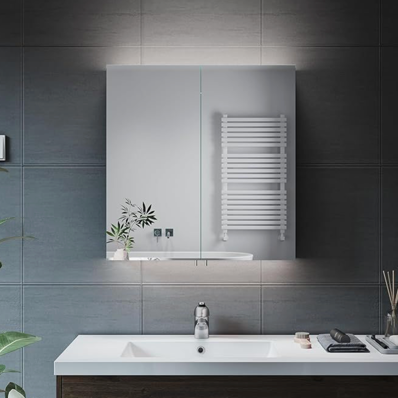 NILE 630mm x 650mm Illuminated Bathroom Mirror Cabinet with Shaver Socket